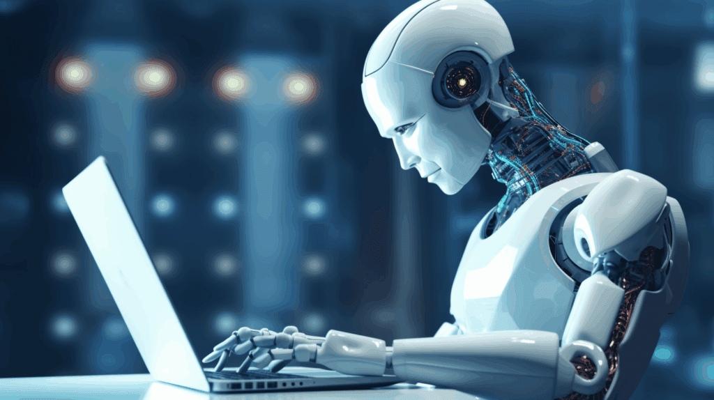 Robot przypominający człowieka pisze na komputerze